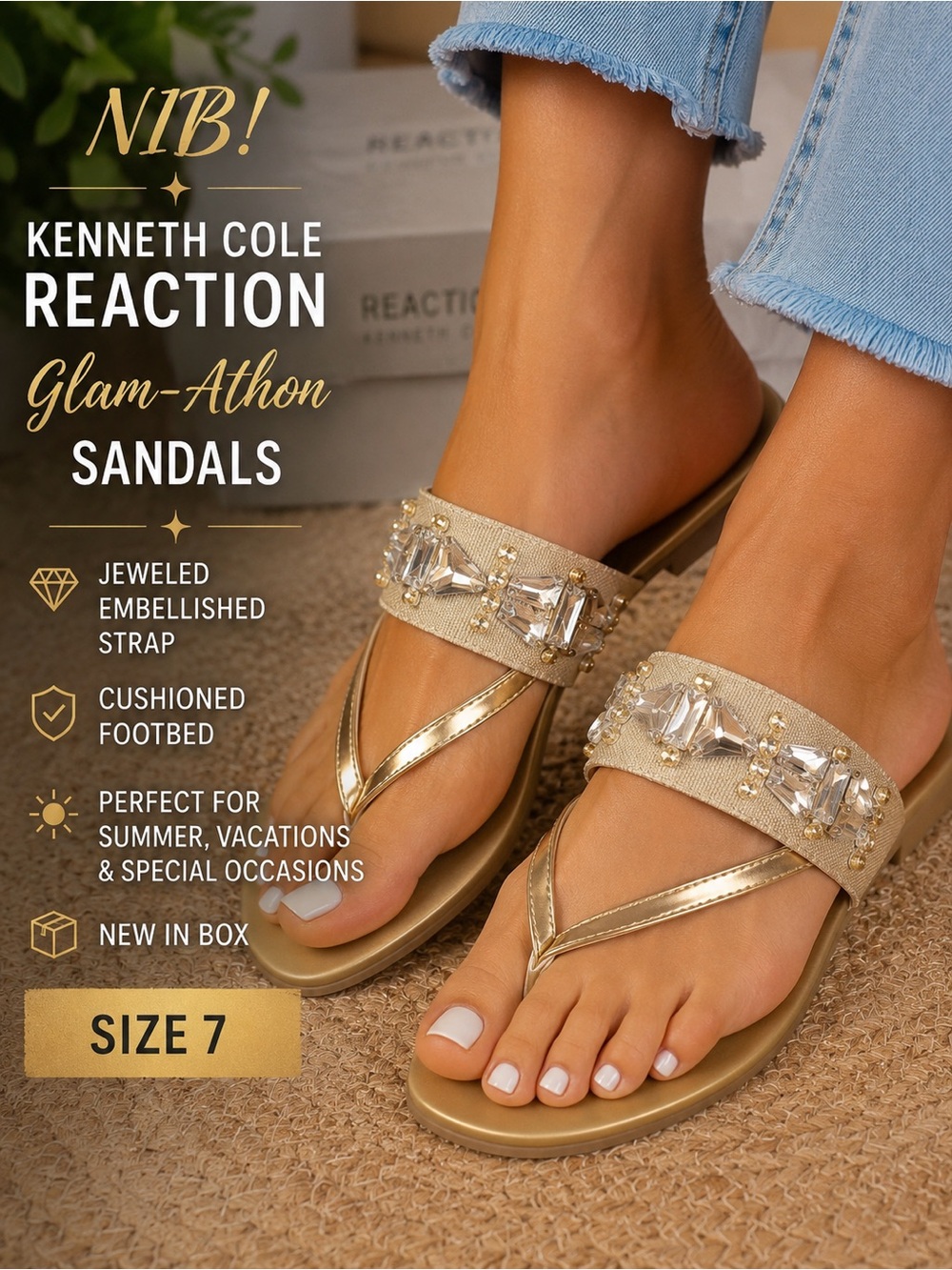 NIB Kenneth Cole Reaction Glam-Athon Jeweled Gold Thong Sandals Sz 7